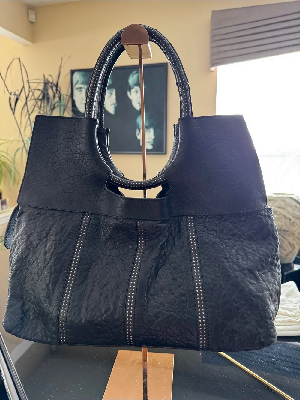 Gambini Black Leather Ladies' Tote with Stud-Trim Vertical Panels